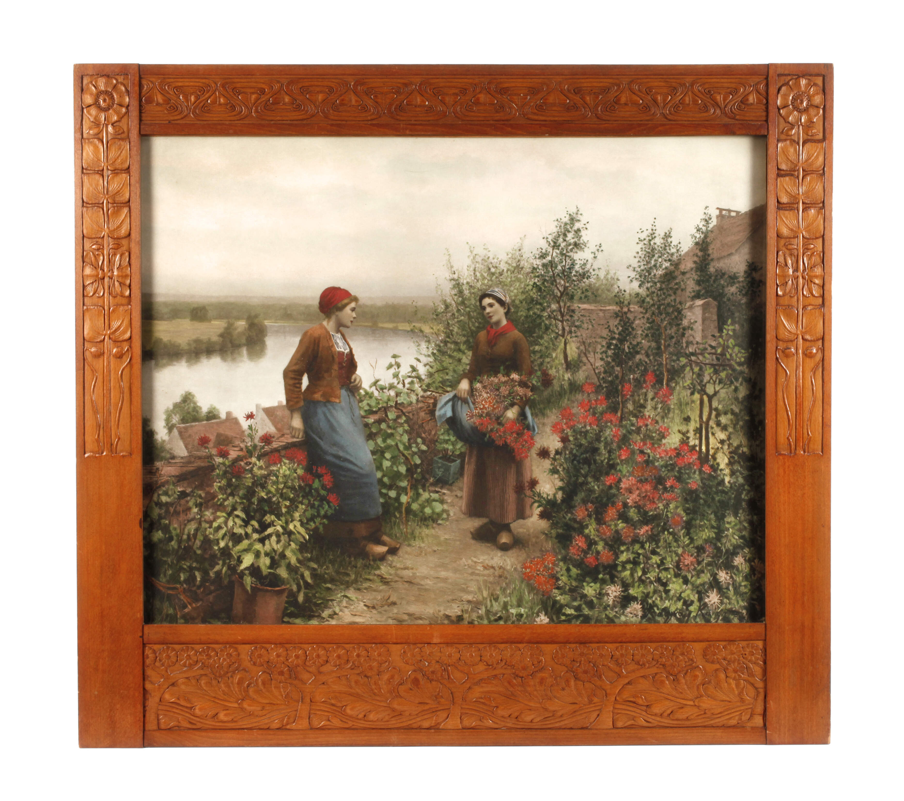 Schnitzrahmen Jugendstil mit Gartenszene