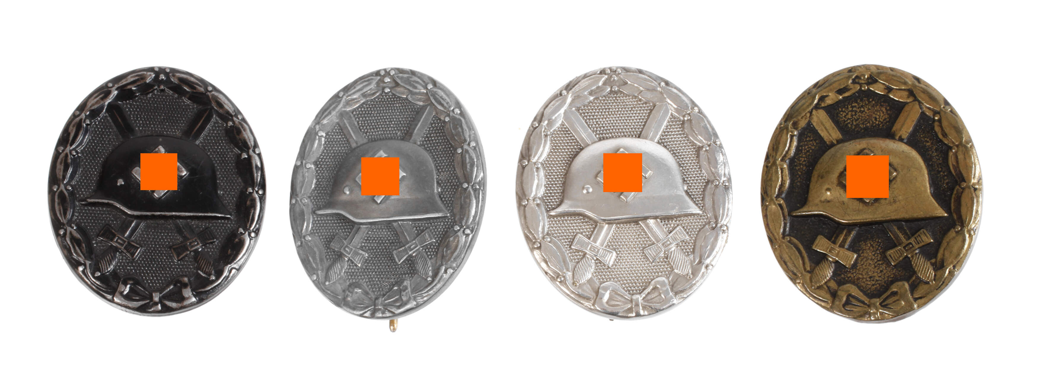 Vier Verwundetenabzeichen 2. Weltkrieg