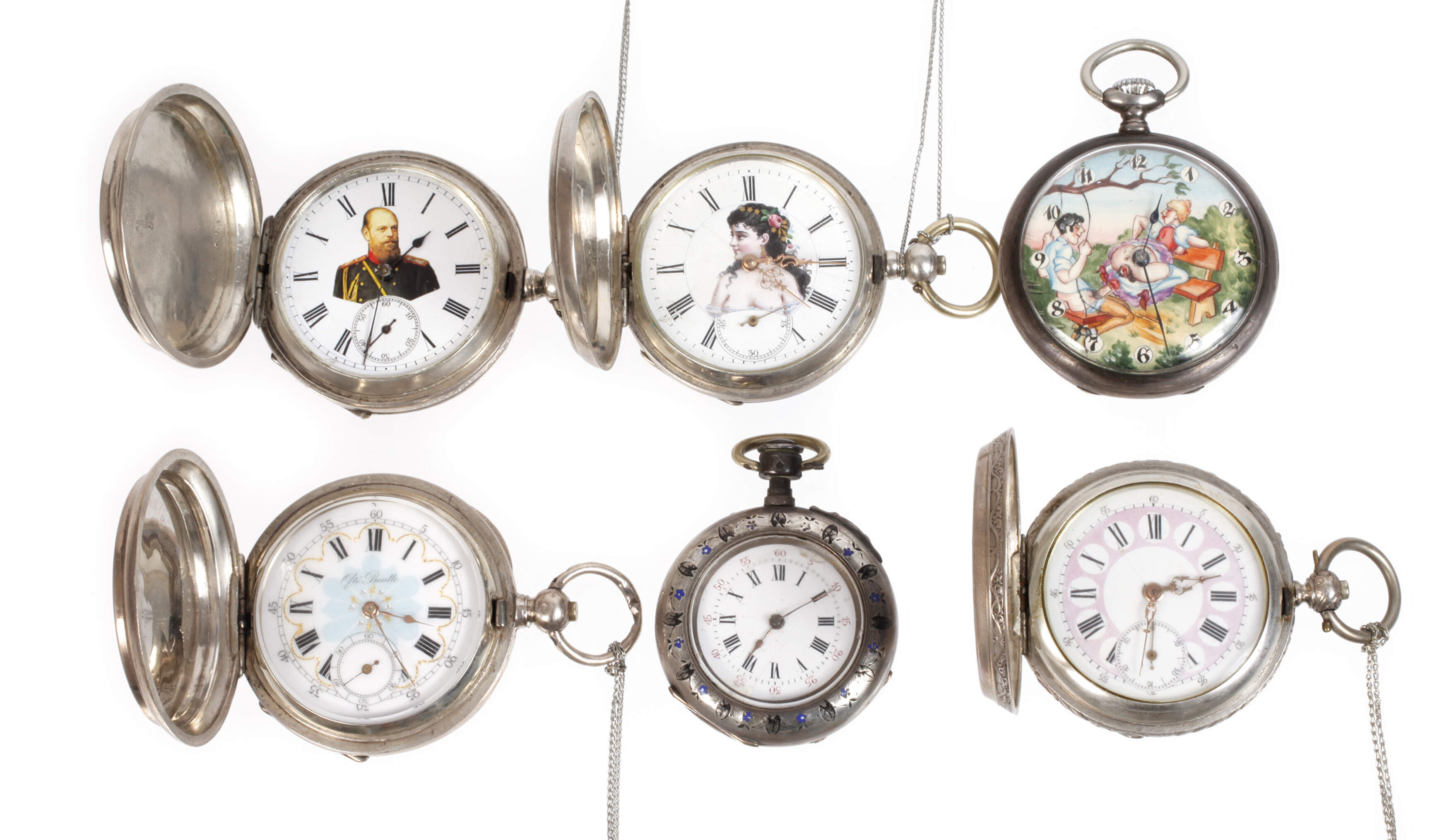 Sechs Taschenuhren Emaille