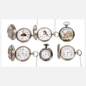 Sechs Taschenuhren Emaille