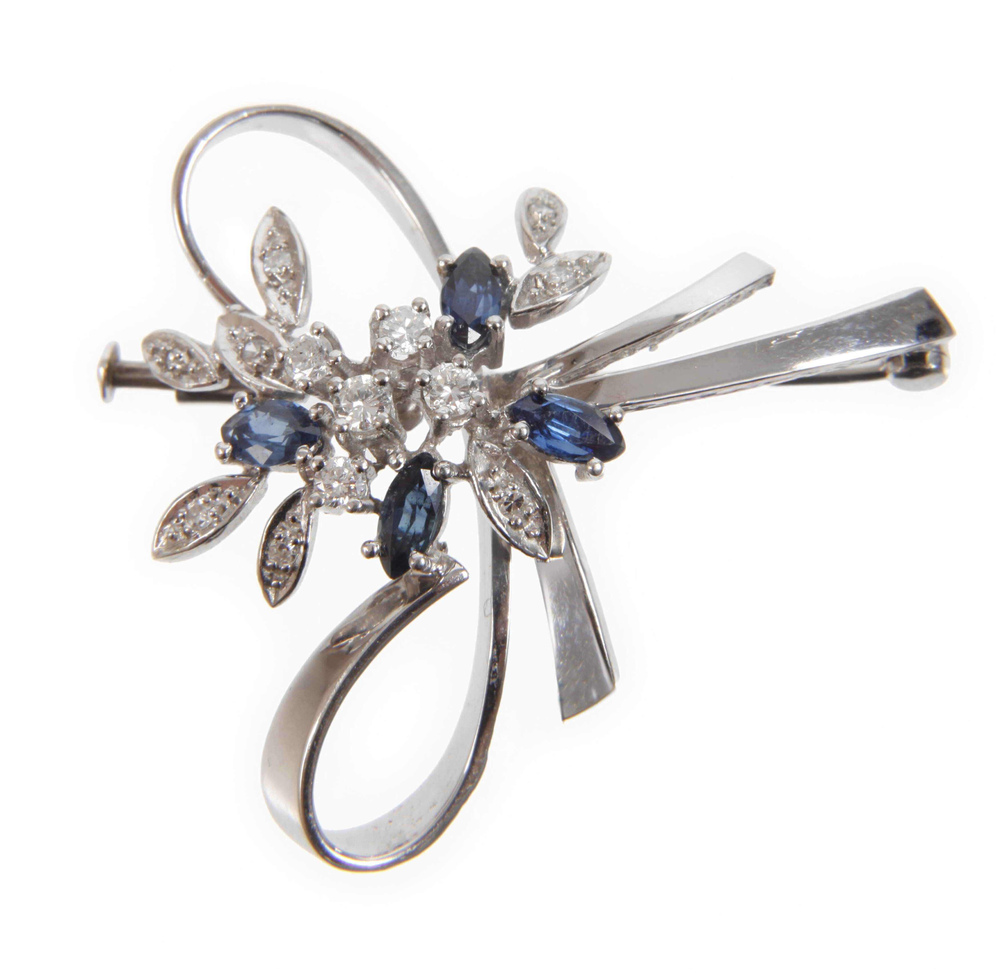 Schleifenbrosche mit Brillanten und Saphiren