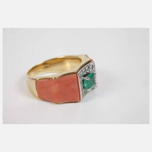 Damenring mit Koralle, Brillanten und Smaragd