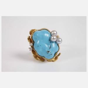 Damenring mit Türkis, Perlen und Brillanten