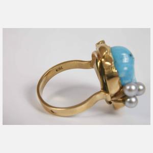 Damenring mit Türkis, Perlen und Brillanten
