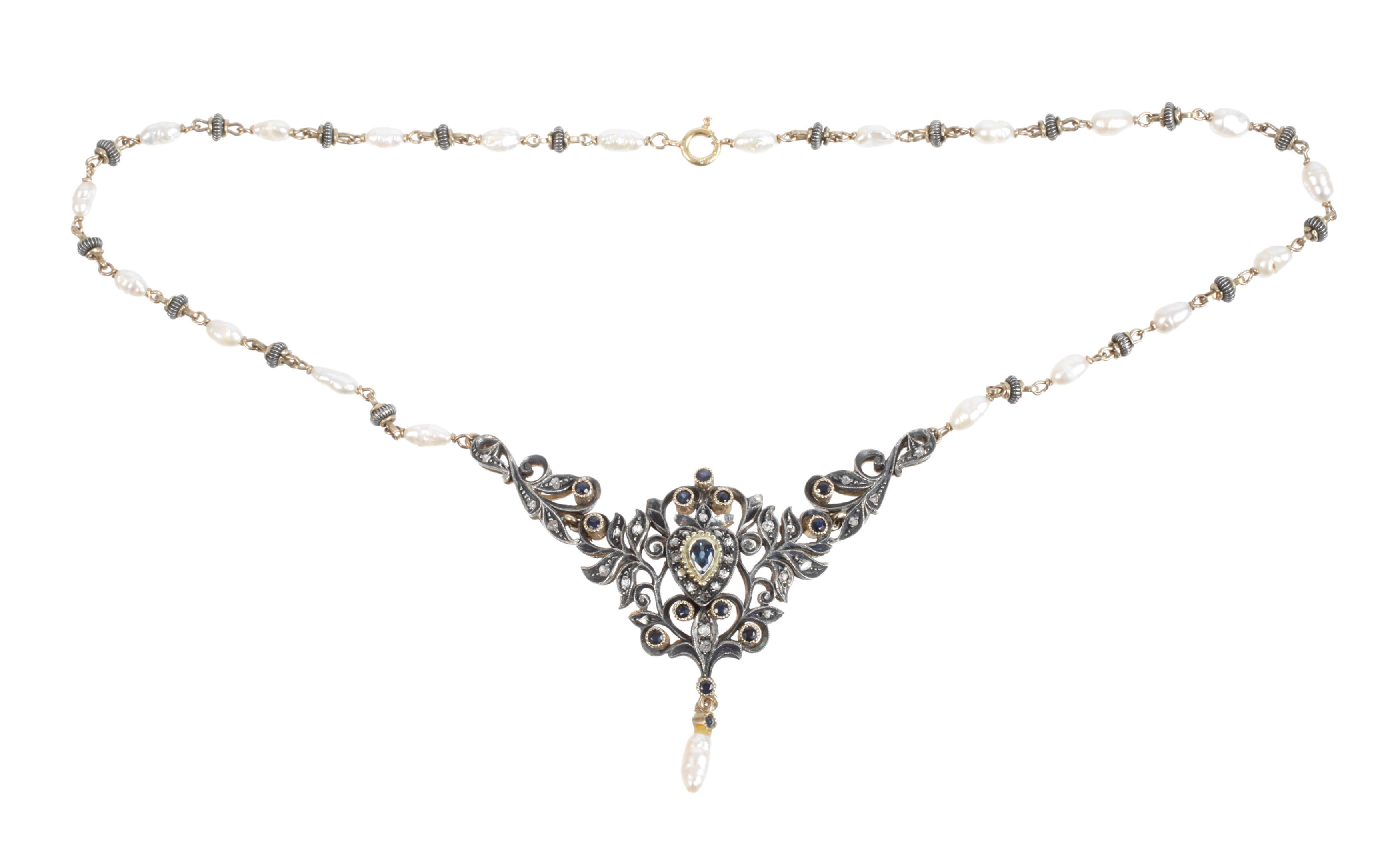 Historismus-Collier mit Saphiren und Perlen