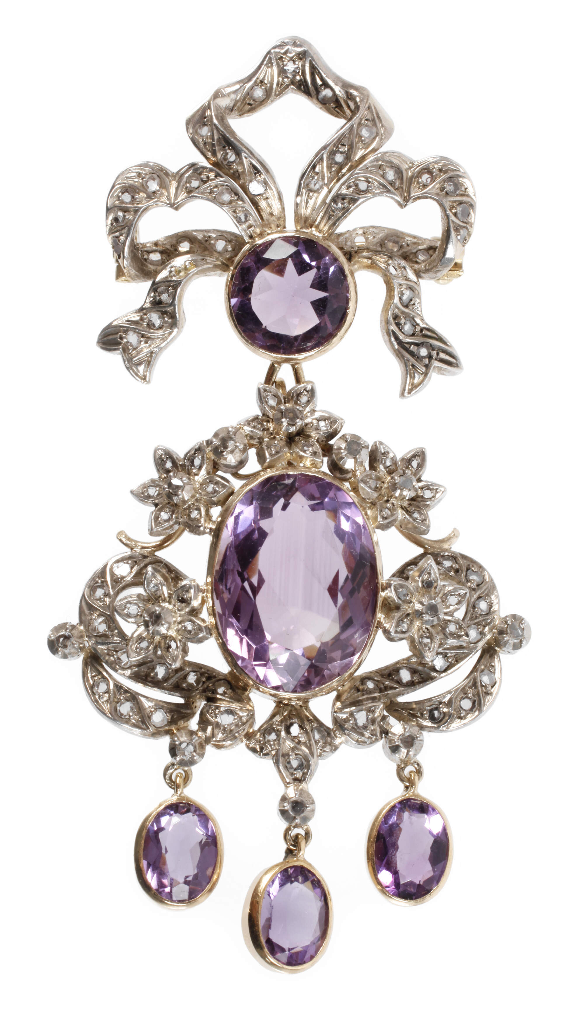 Schleifenbrosche mit Amethysten und Diamanten