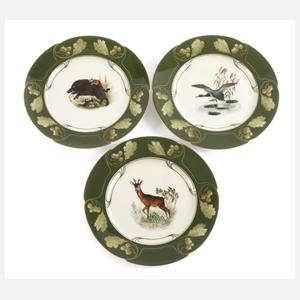 Nymphenburg drei Teller Jagdmotive