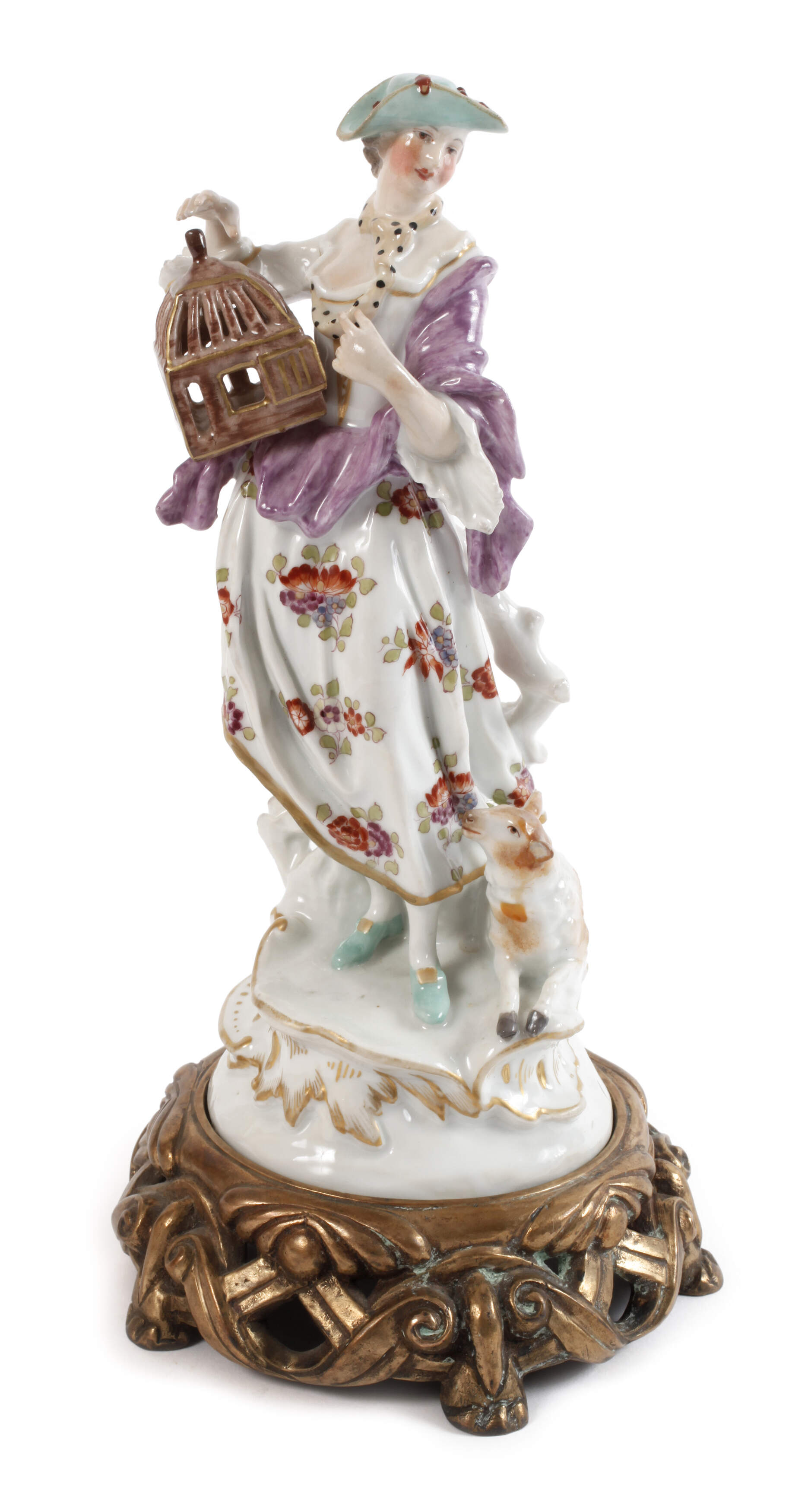 Schäferin mit Vogelkäfig auf Bronzesockel