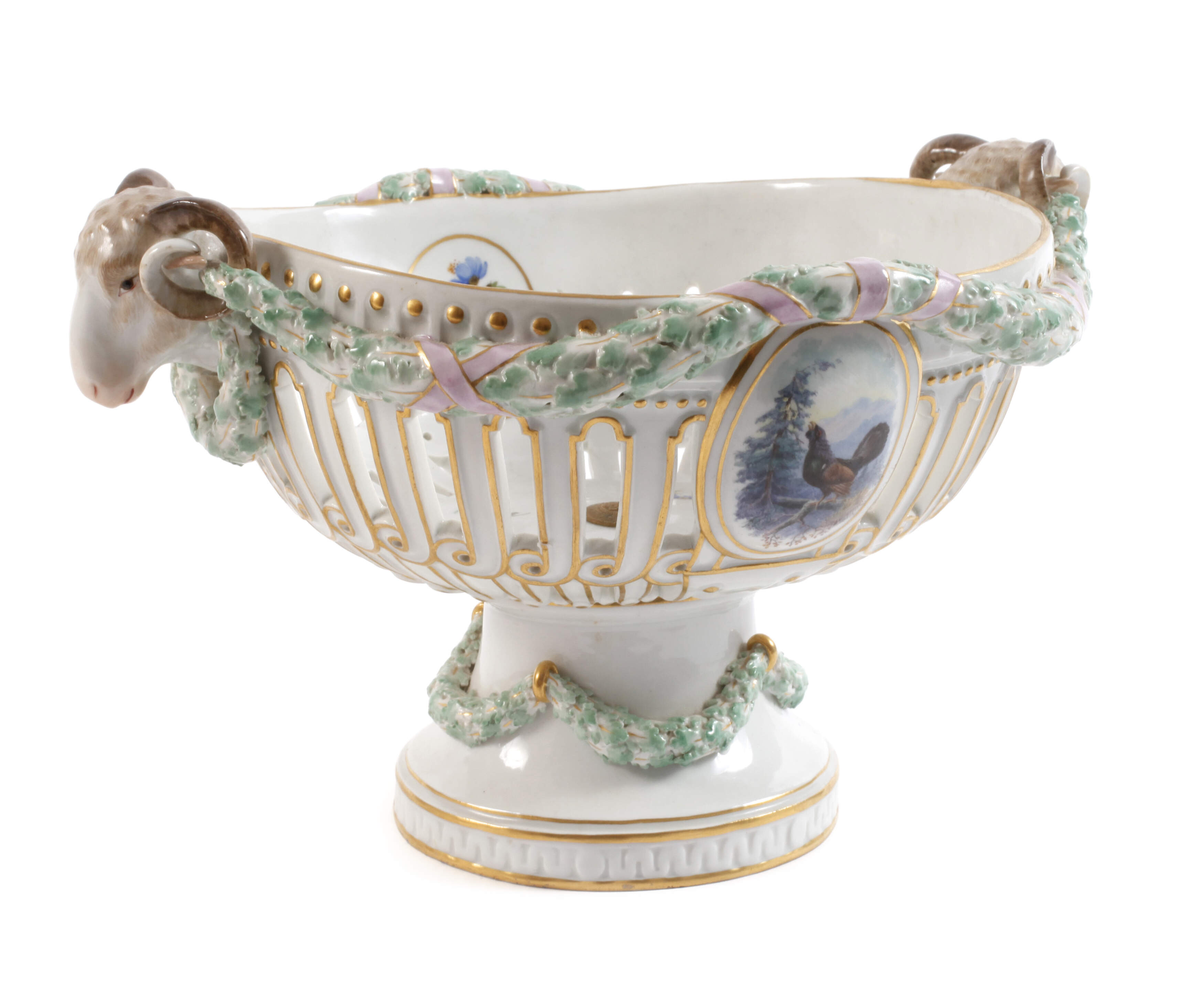 Meissen prunkvoller "Korb mit Widder-Köpfen"