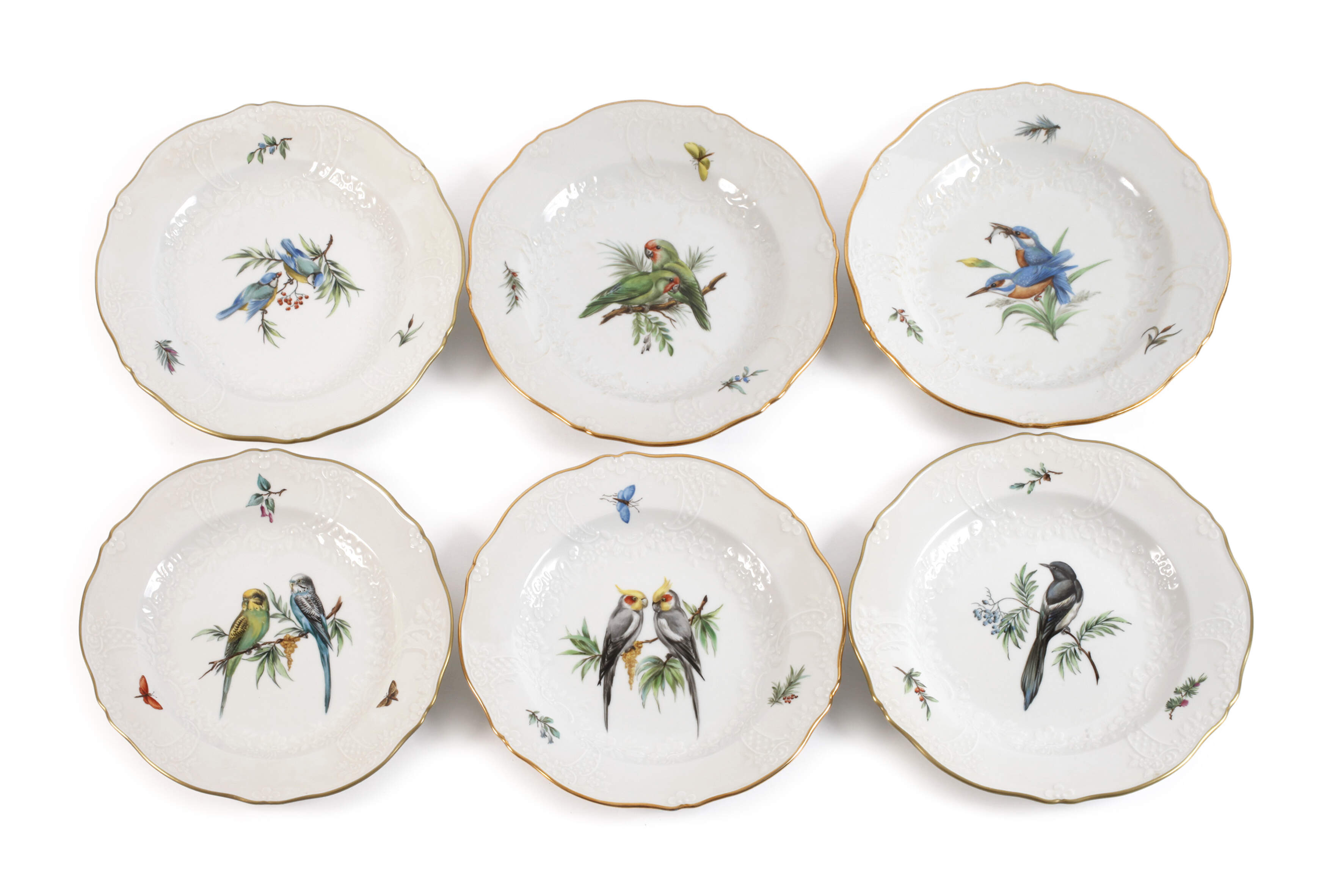 Meissen sechs Speiseteller Vogelmalerei
