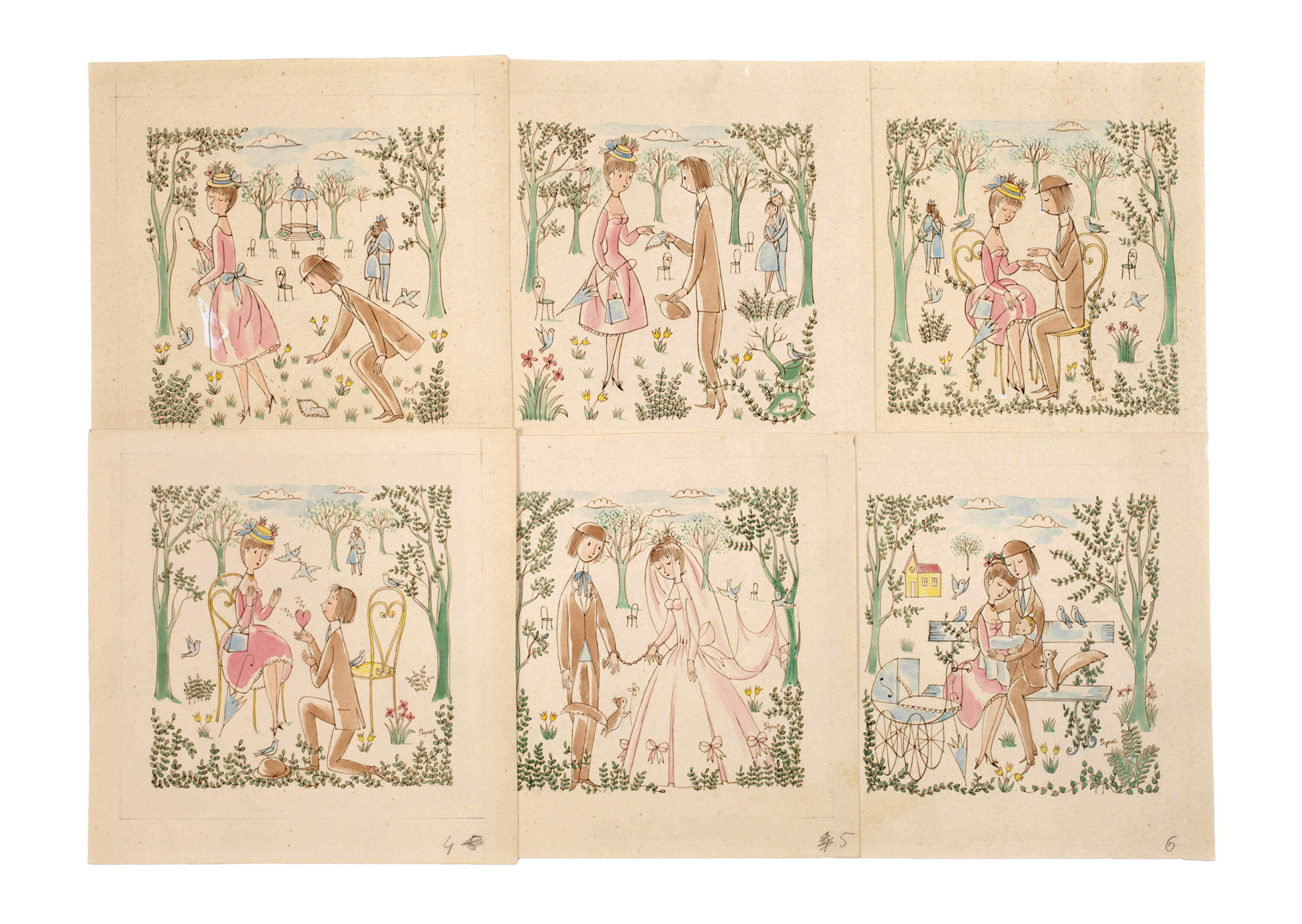 Raymond Peynet, Liebesglück – Serie von 6 Entwürfen