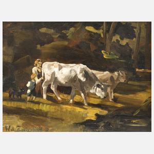 Willem de Zwart, attr., Bäuerin mit Kühen