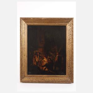 Musketiere in einer Kirche im Feuerschein