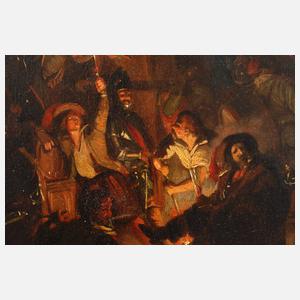 Musketiere in einer Kirche im Feuerschein