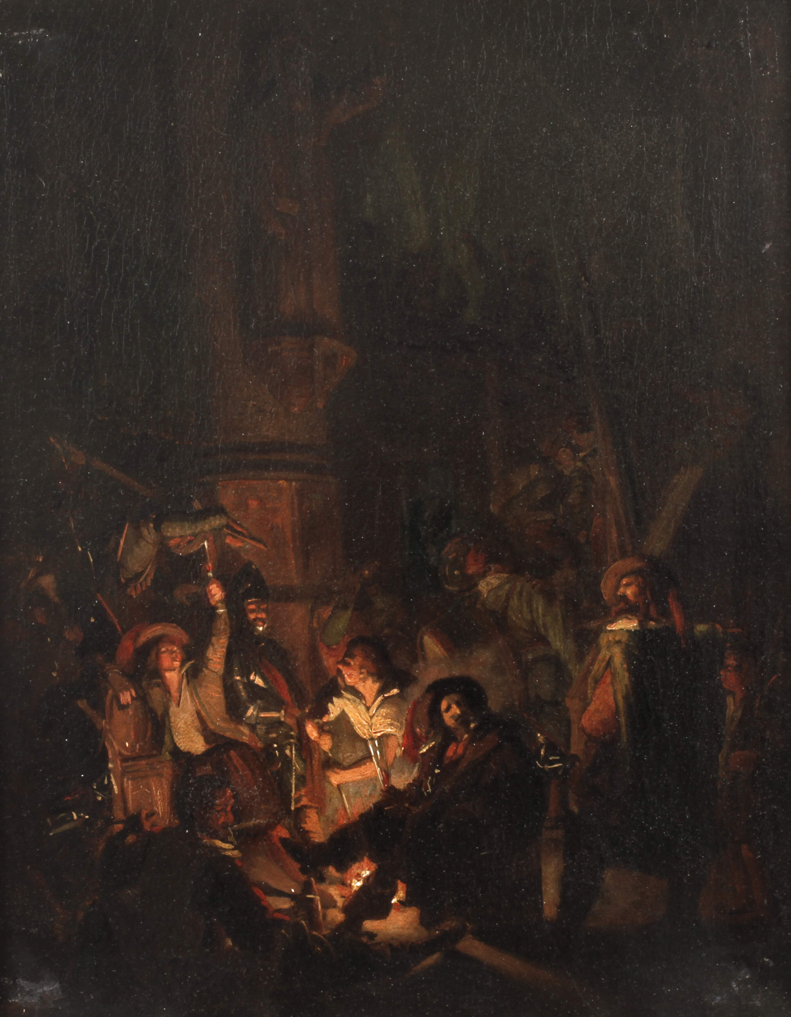 Musketiere in einer Kirche im Feuerschein