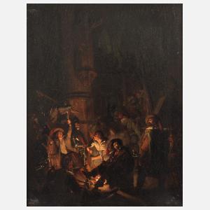 Musketiere in einer Kirche im Feuerschein