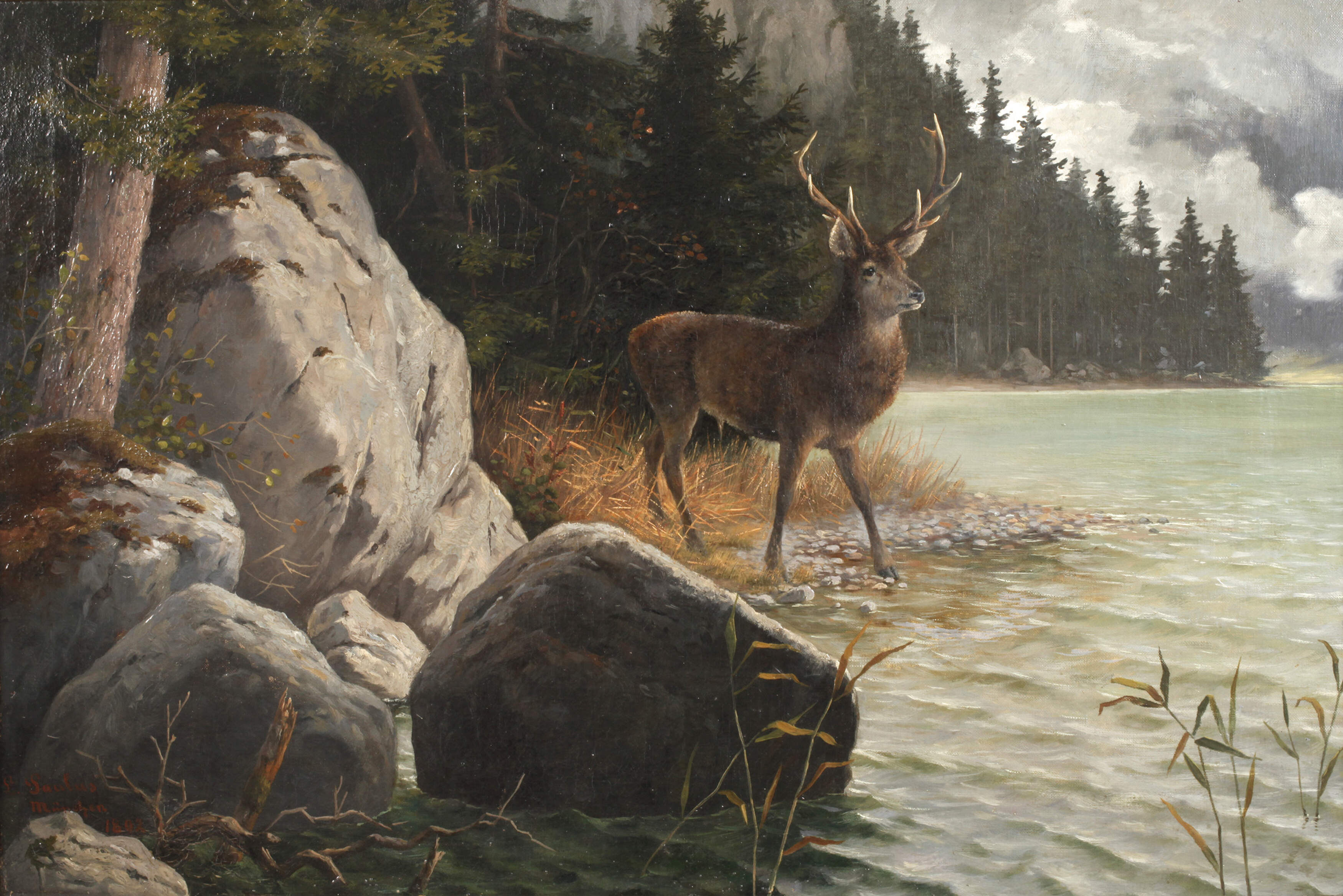 Ludwig Paulus, attr., Hirsch am Wasser