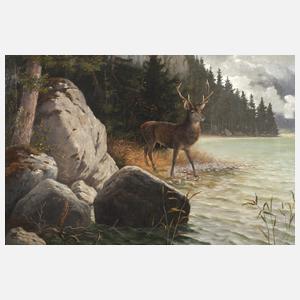 Ludwig Paulus, attr., Hirsch am Wasser