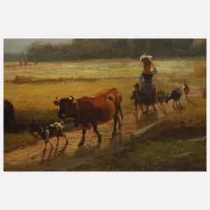 Idyllische Sommerlandschaft mit Viehhirtin