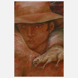 H. Popp, Junge Frau mit Hut und Ratte