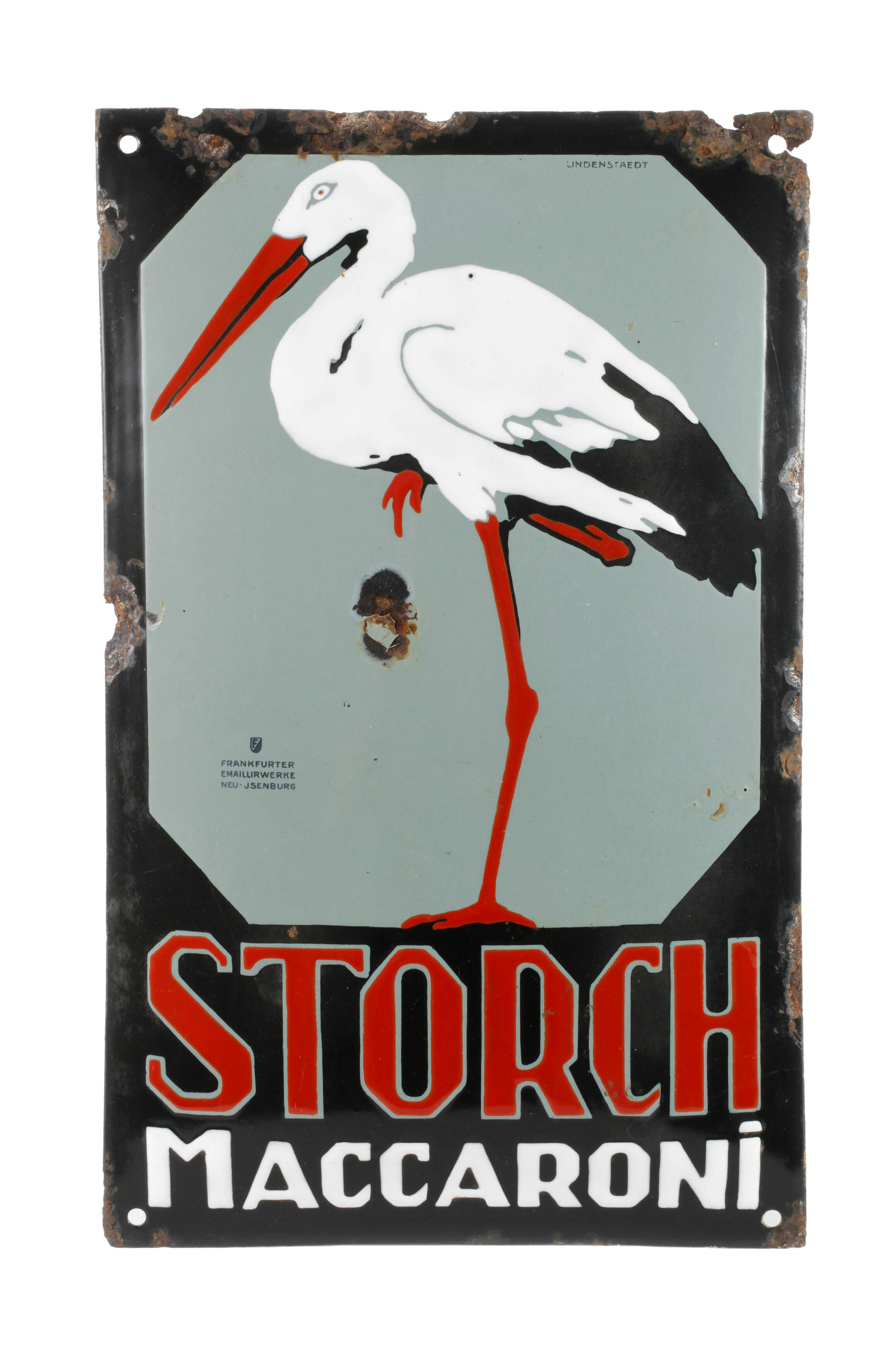 Emailleschild Storch Maccaroni