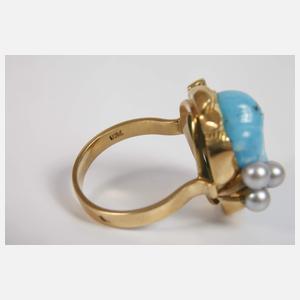 Damenring mit Türkis, Perlen und Brillanten