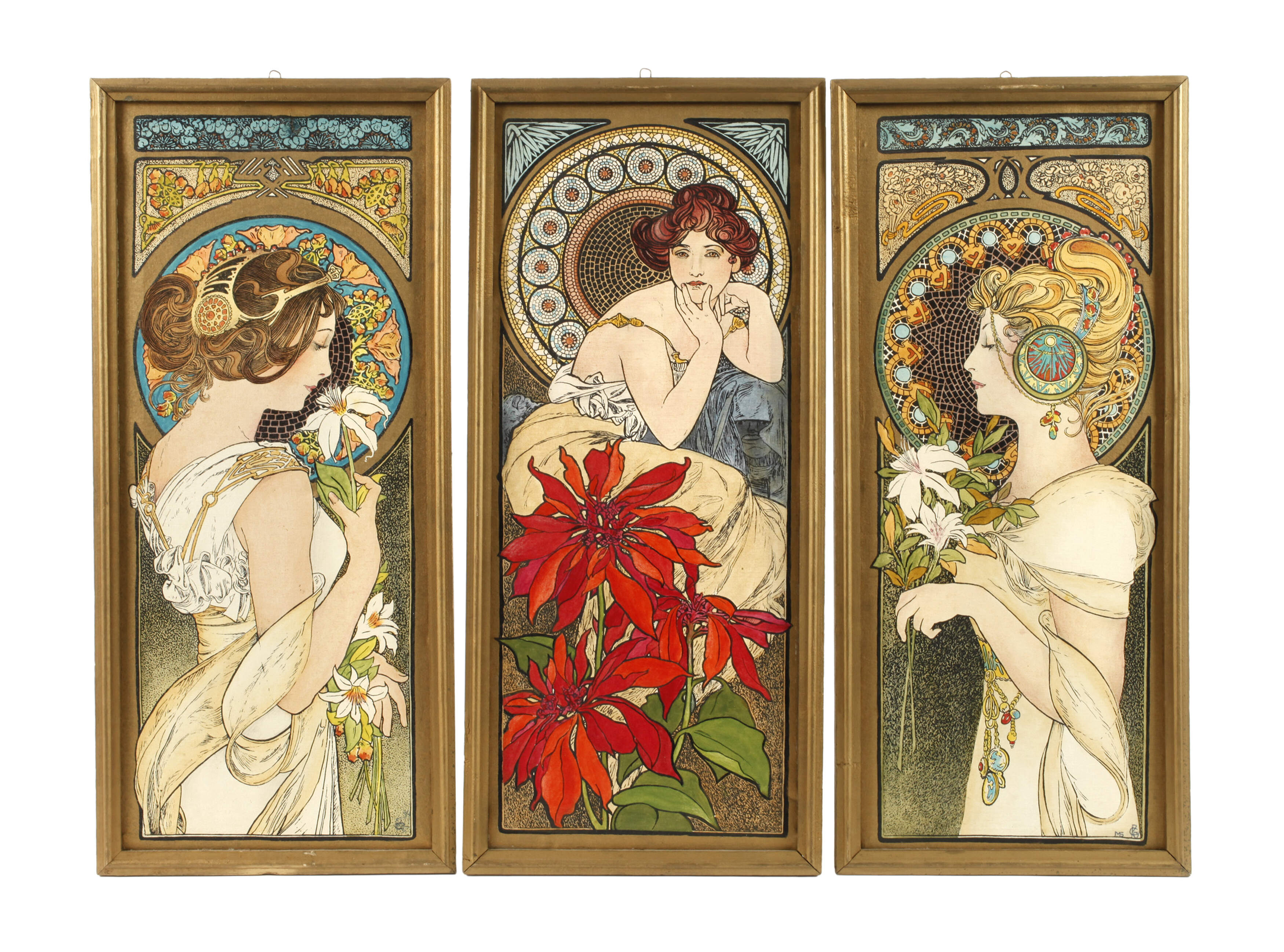 Drei Gemälde nach Alphons Mucha