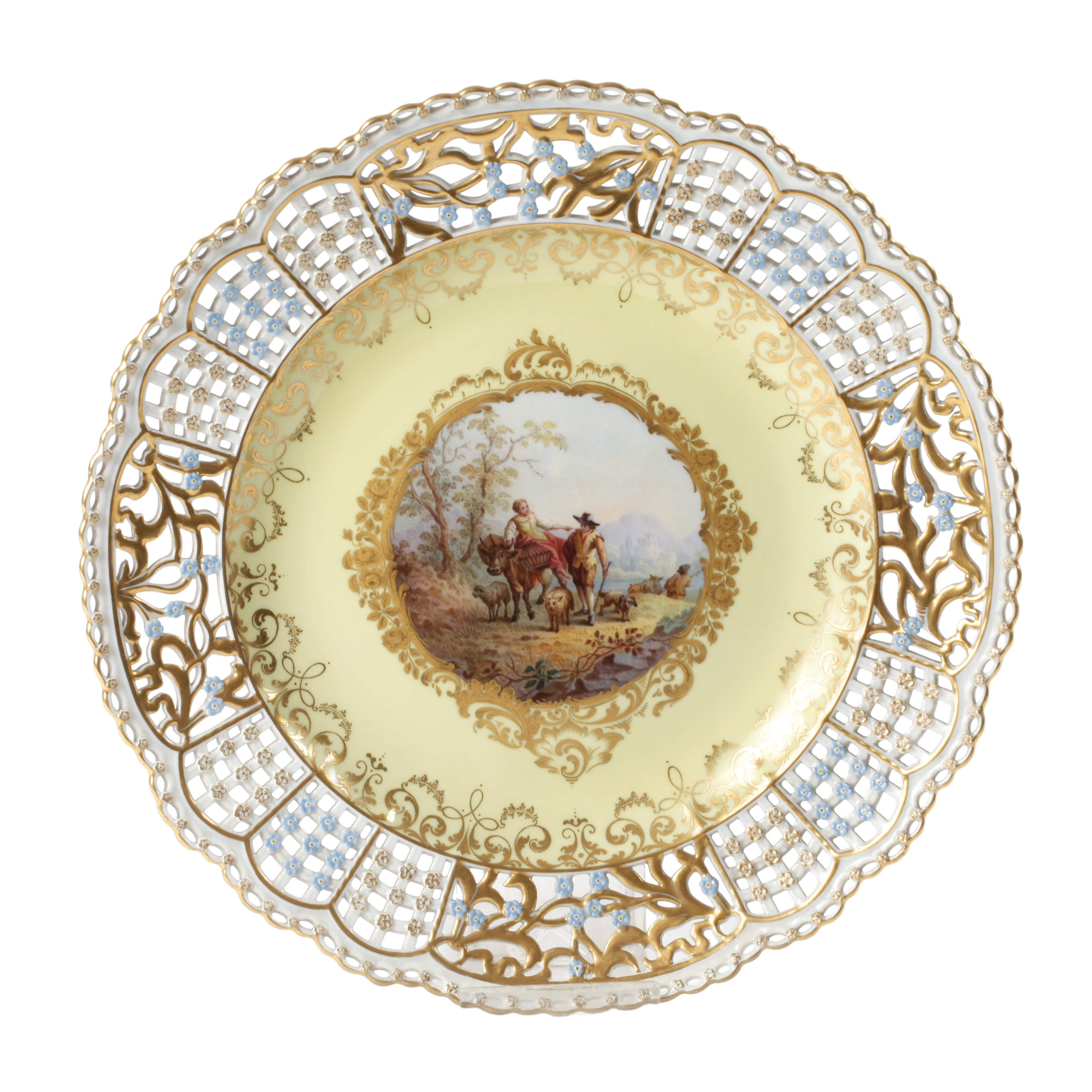 Meissen prunkvoller Durchbruchteller Schäferidyll