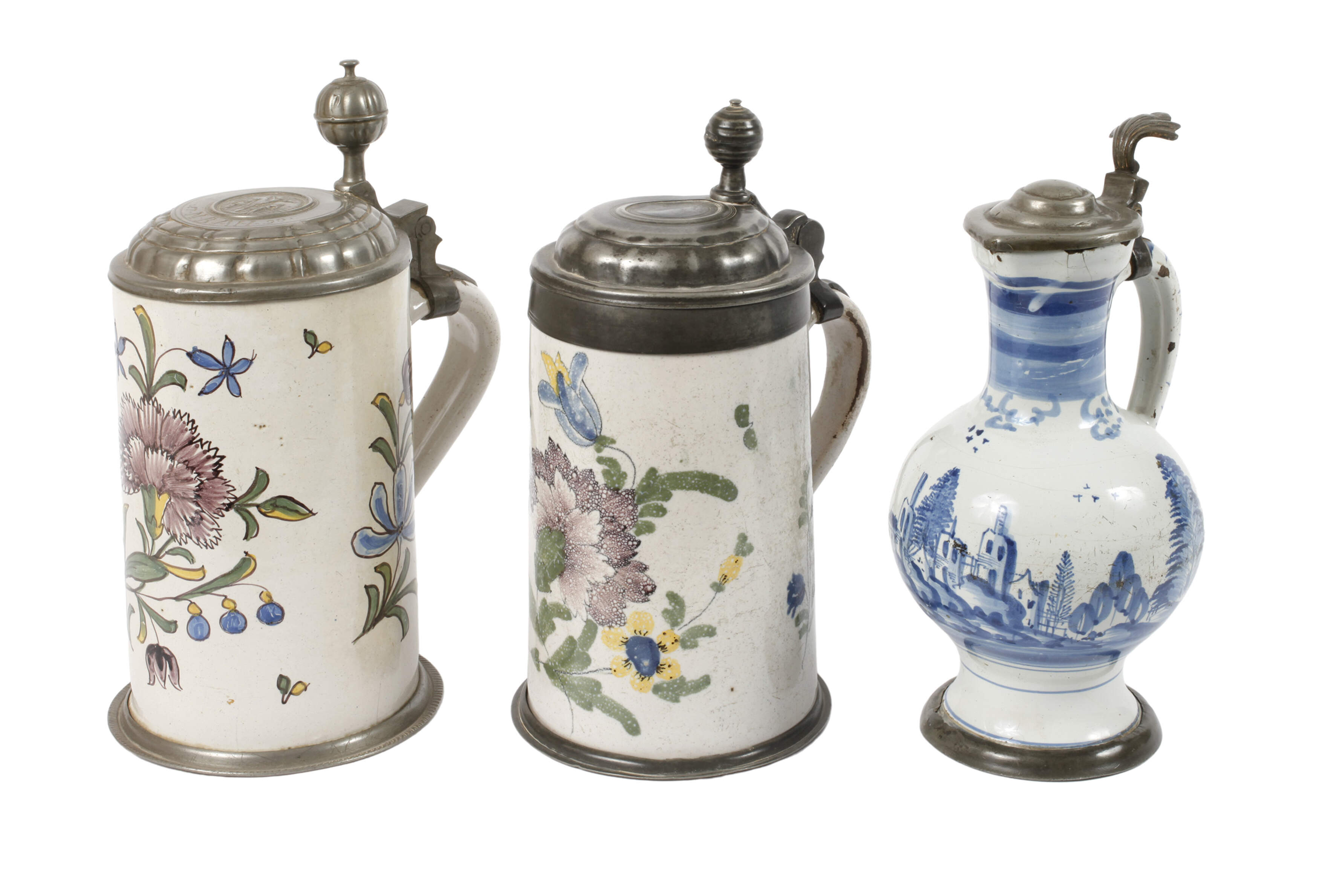 Barocke Fayencekanne und zwei Walzenkrüge