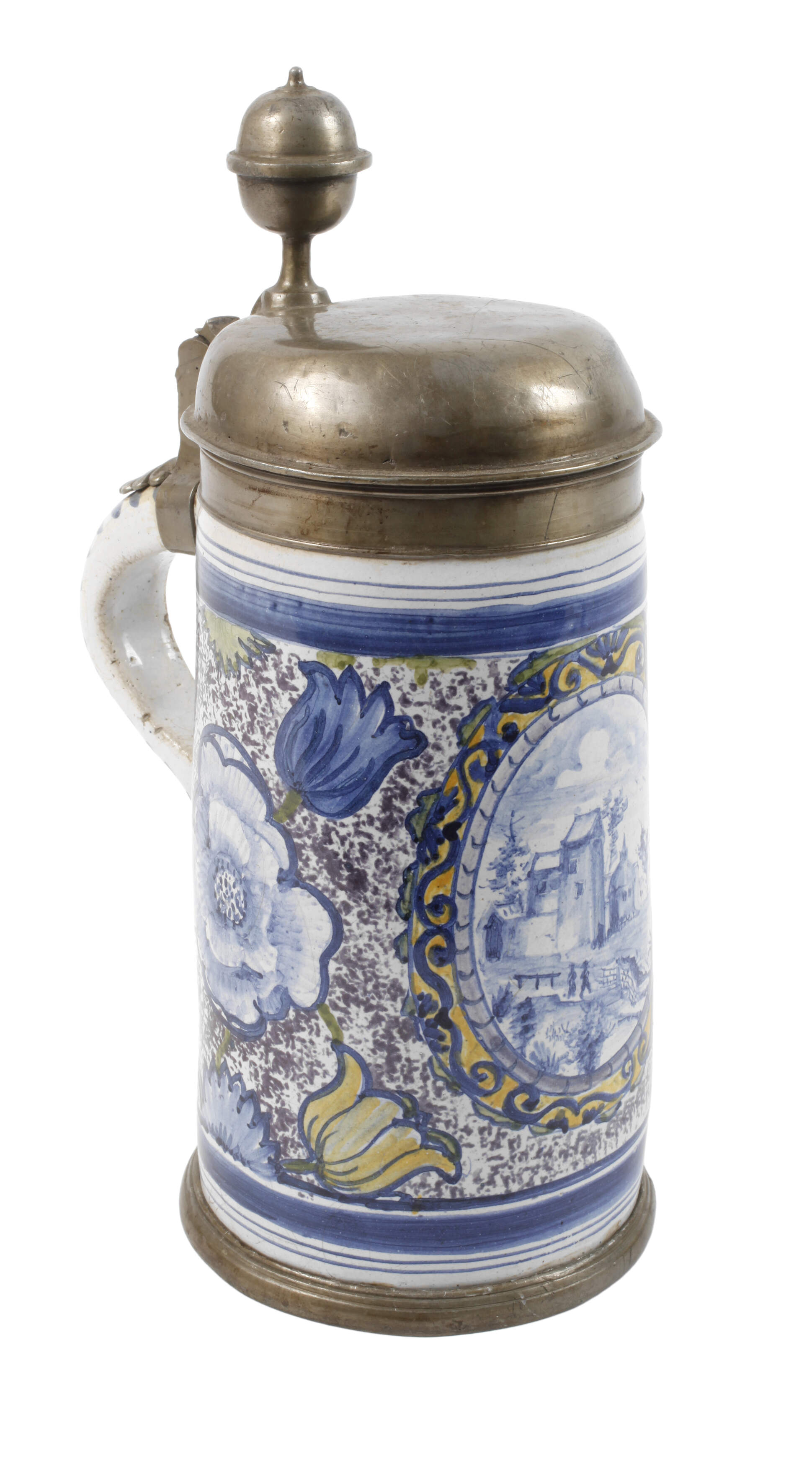 Barocker Fayencewalzenkrug mit Architekturmotiv