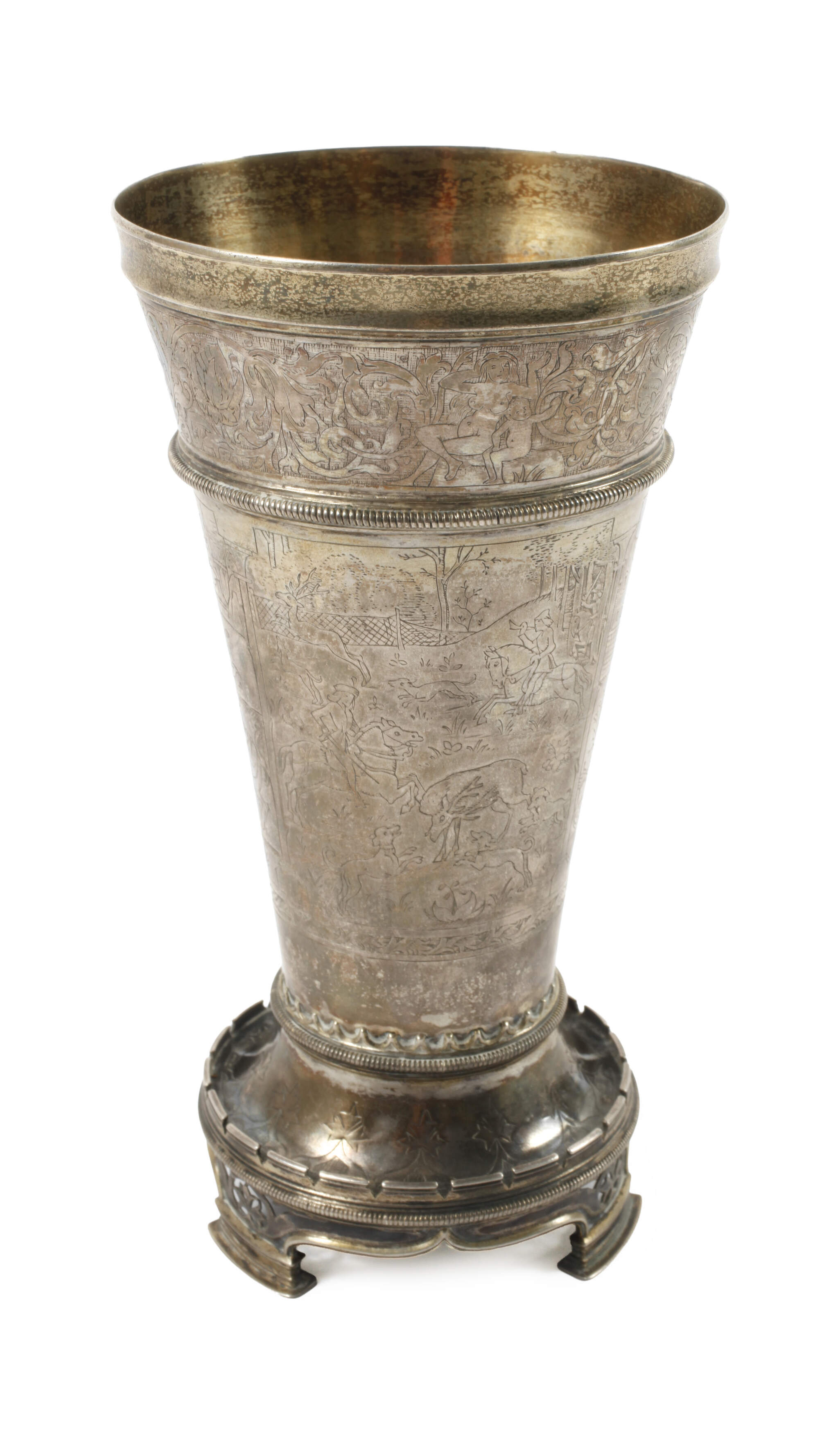 Silber Stangenbecher mit Jagd- und Genremotiven
