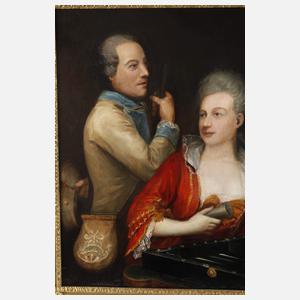 Dame mit zwei Herren beim Tric-Trac-Spiel