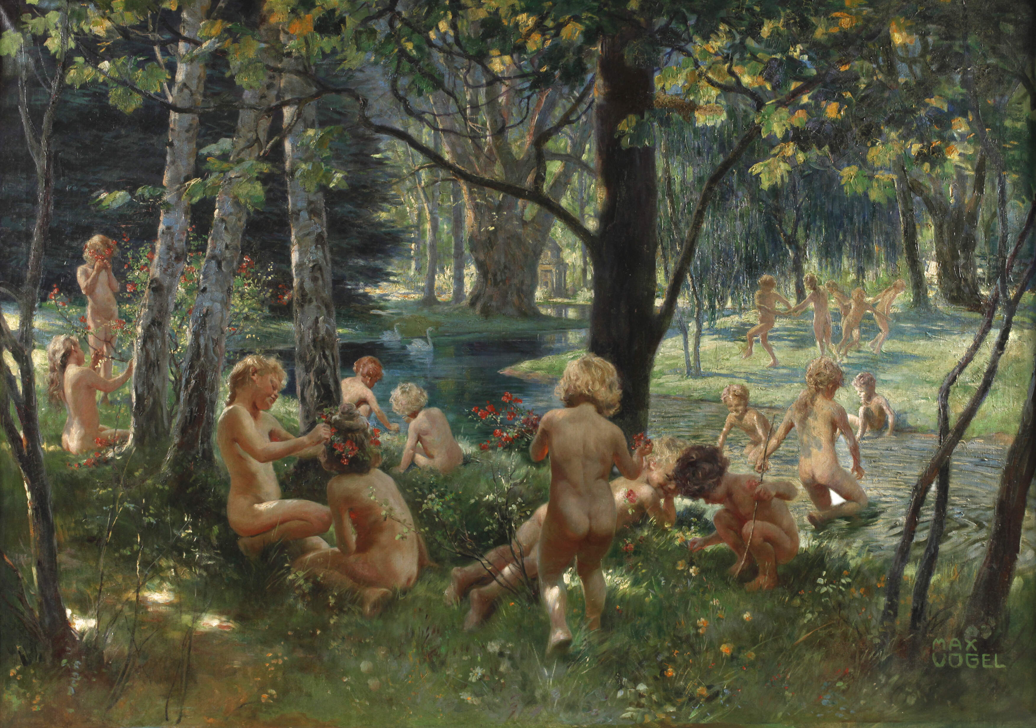 Max Vogel, "Badende Kinder am Bach"