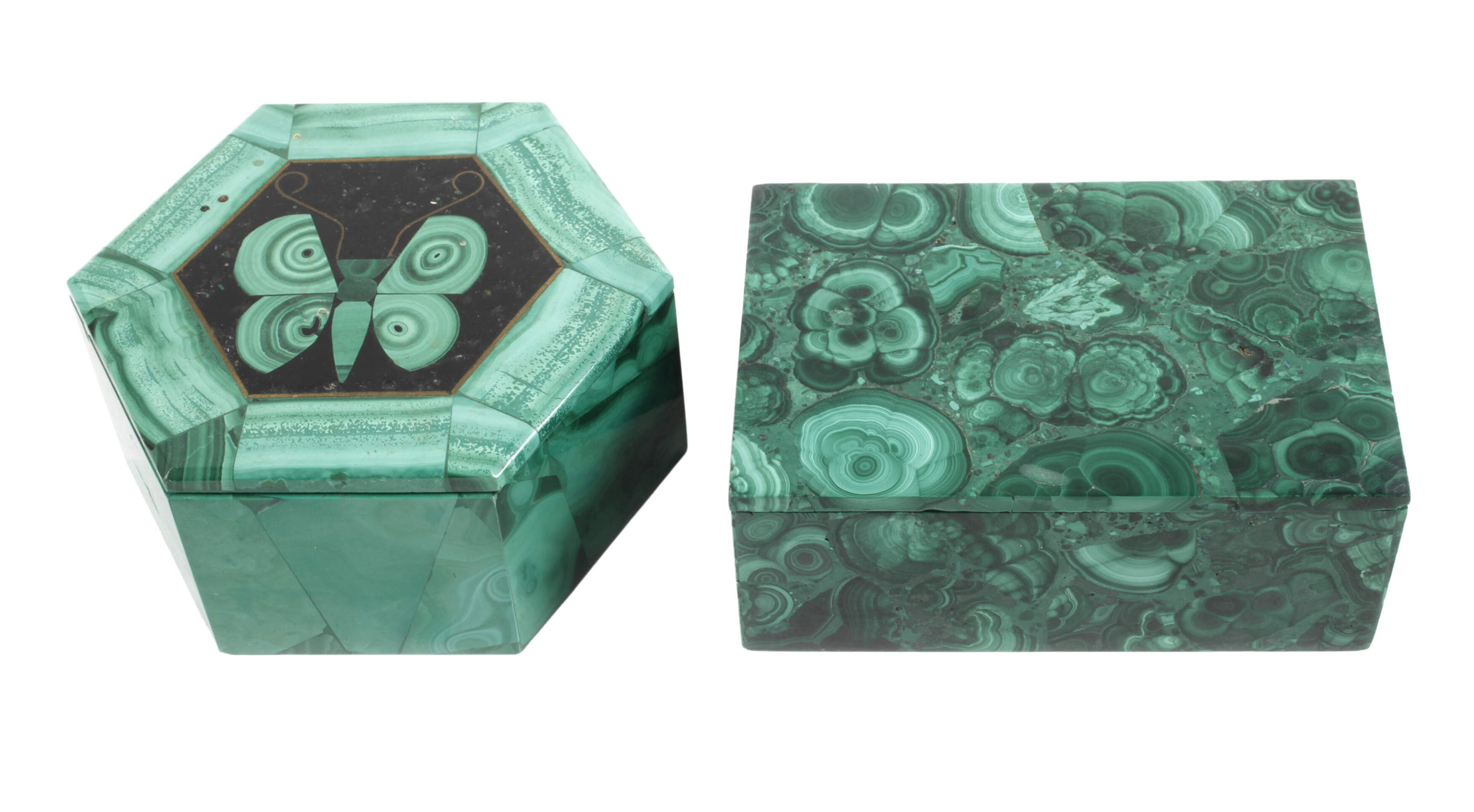 Zwei Deckeldosen Malachit