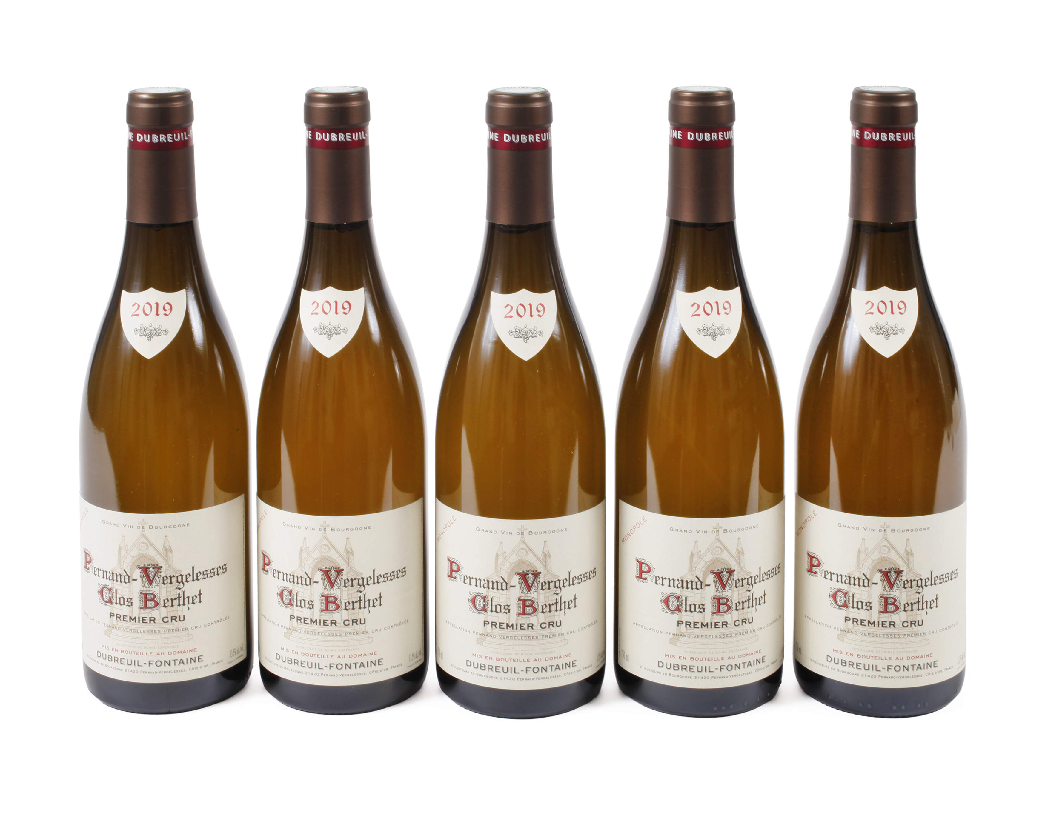 Fünf Flaschen Pernand-Vergelesses Clos Berthet Premier Cru 2019