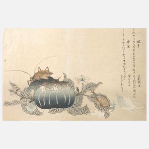 Kitagawa Utamaro, "Landschnecke und Riesenkäfer"