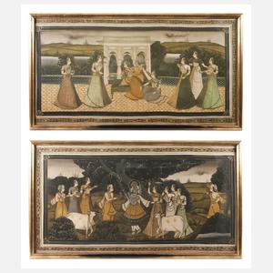 Paar indische Seidenmalereien