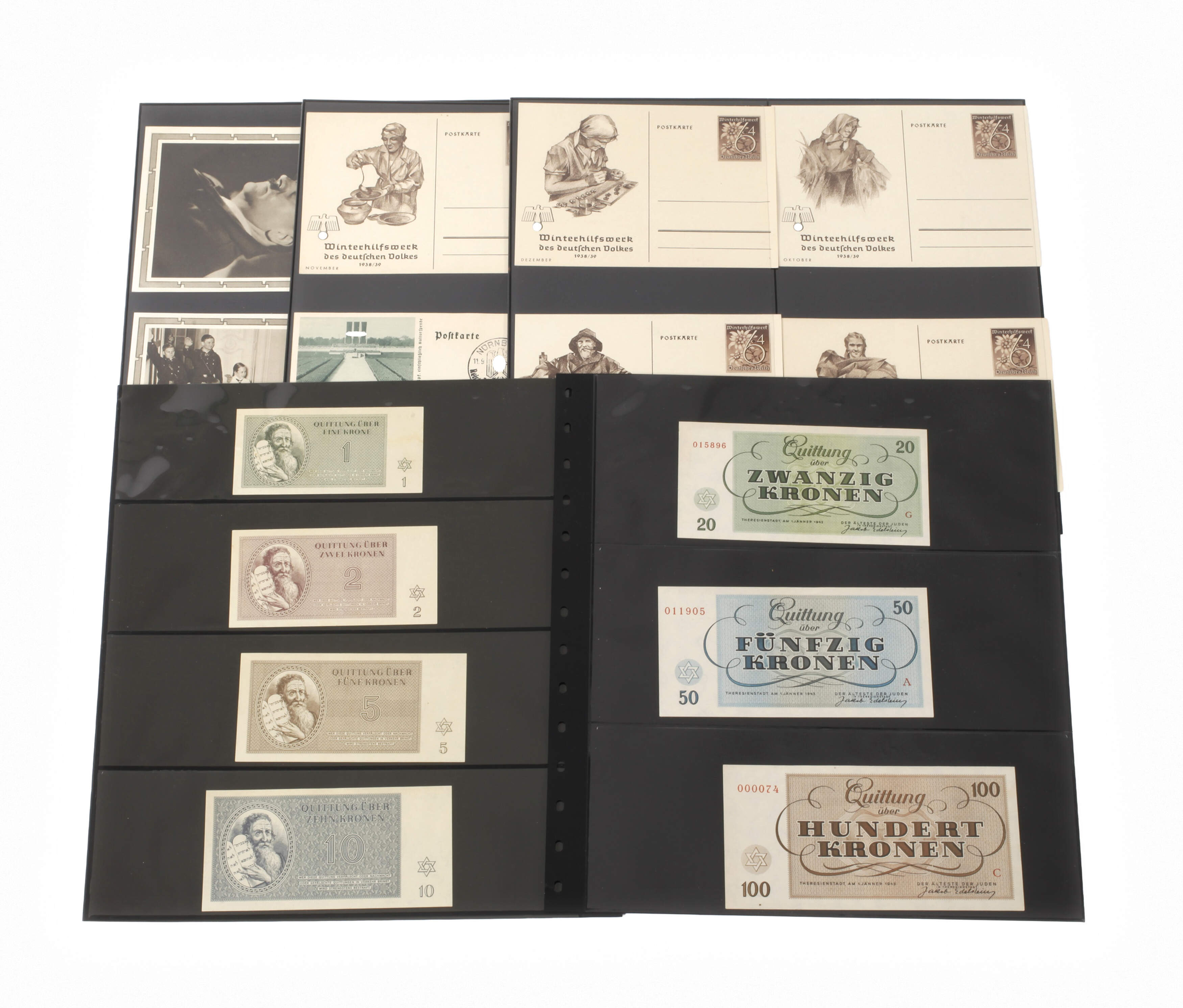 Propagandapostkarten und Lagergeld Theresienstadt