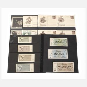Propagandapostkarten und Lagergeld Theresienstadt