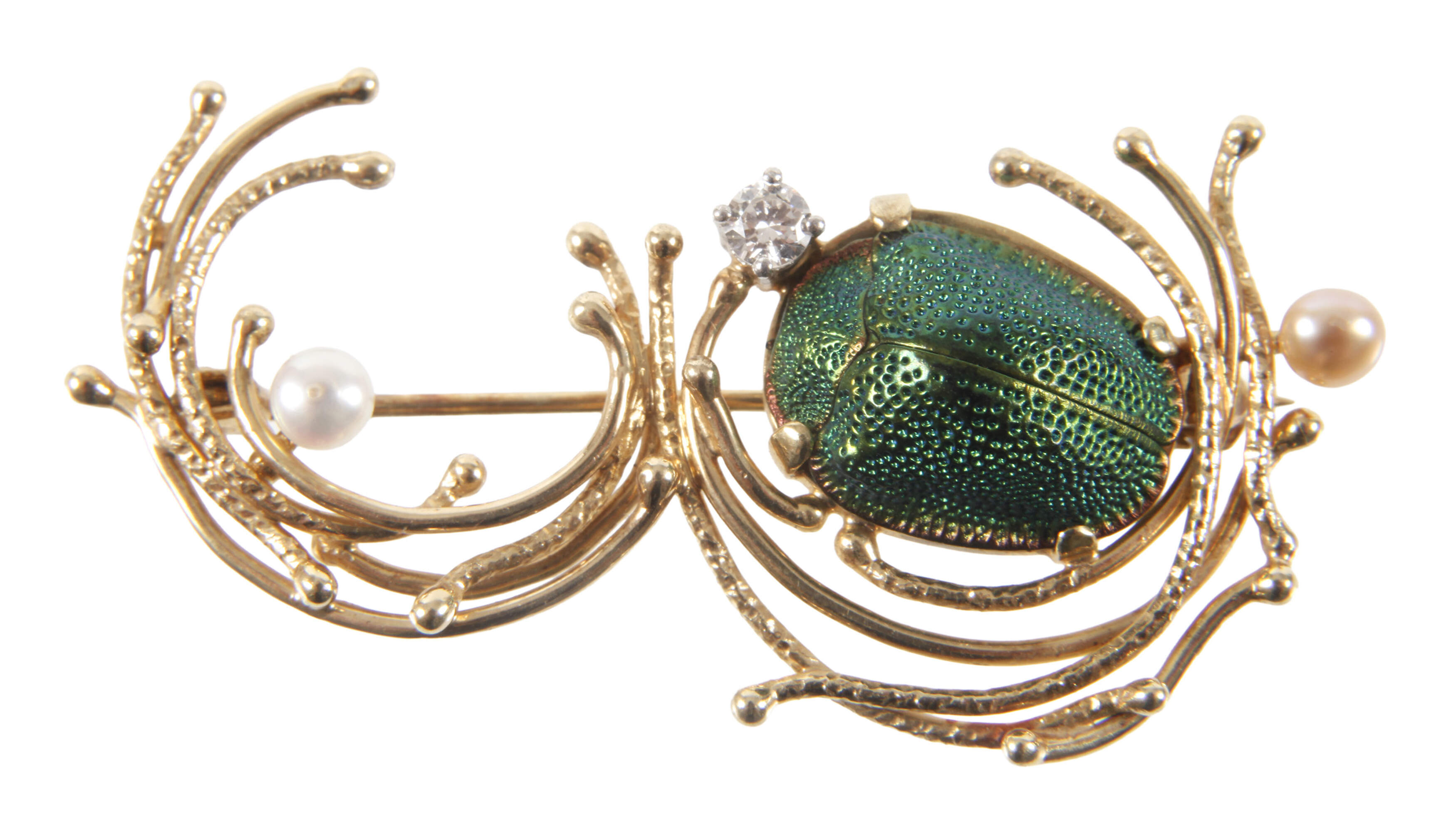 Brosche mit Skarabäus, Brillant und Perlen