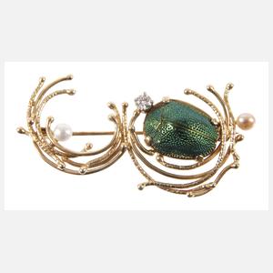 Brosche mit Skarabäus, Brillant und Perlen