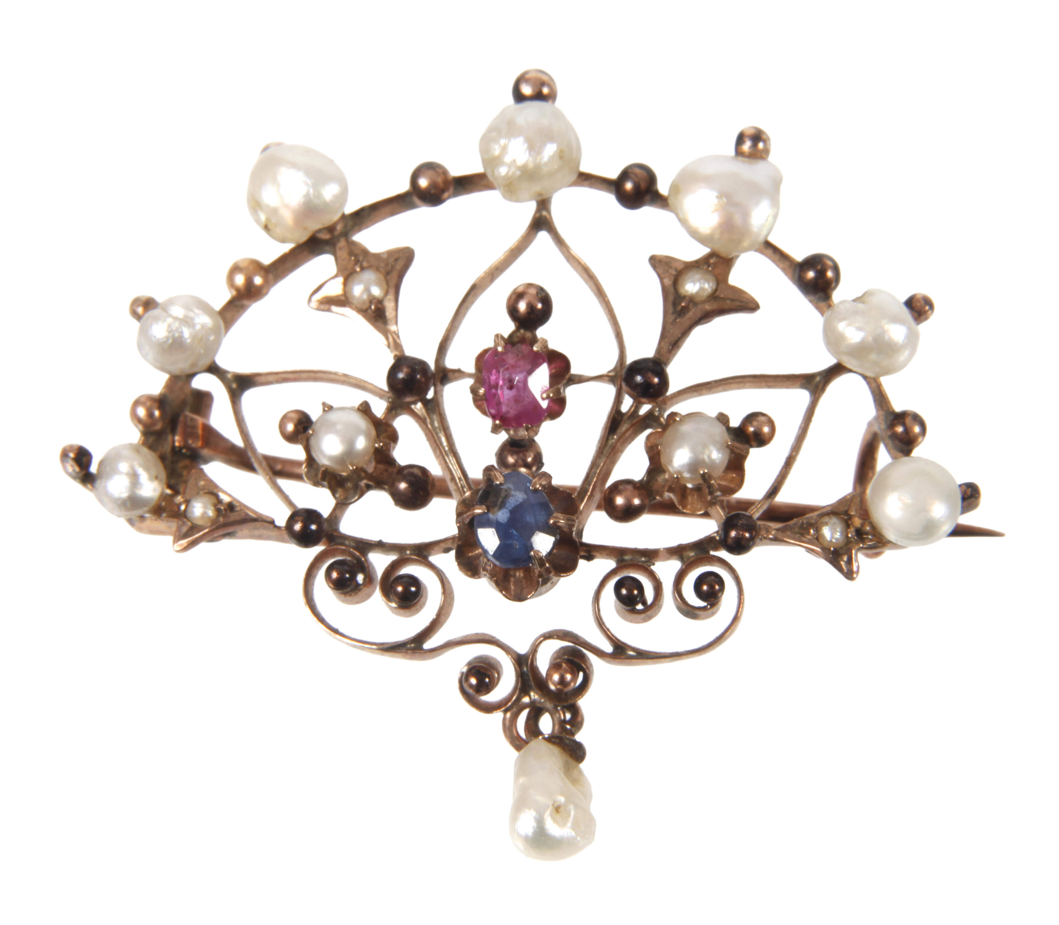 Filigrane Brosche mit Steinbesatz und Perlen