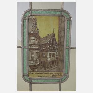 Zwei Bleiglasfenster mit Ansicht Mainz