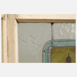 Zwei Bleiglasfenster mit Ansicht Mainz