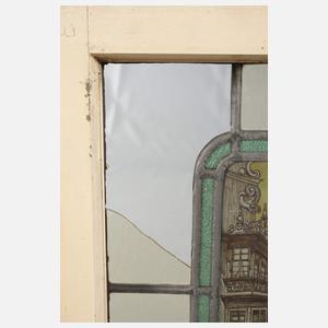 Zwei Bleiglasfenster mit Ansicht Mainz