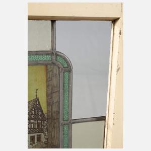 Zwei Bleiglasfenster mit Ansicht Mainz