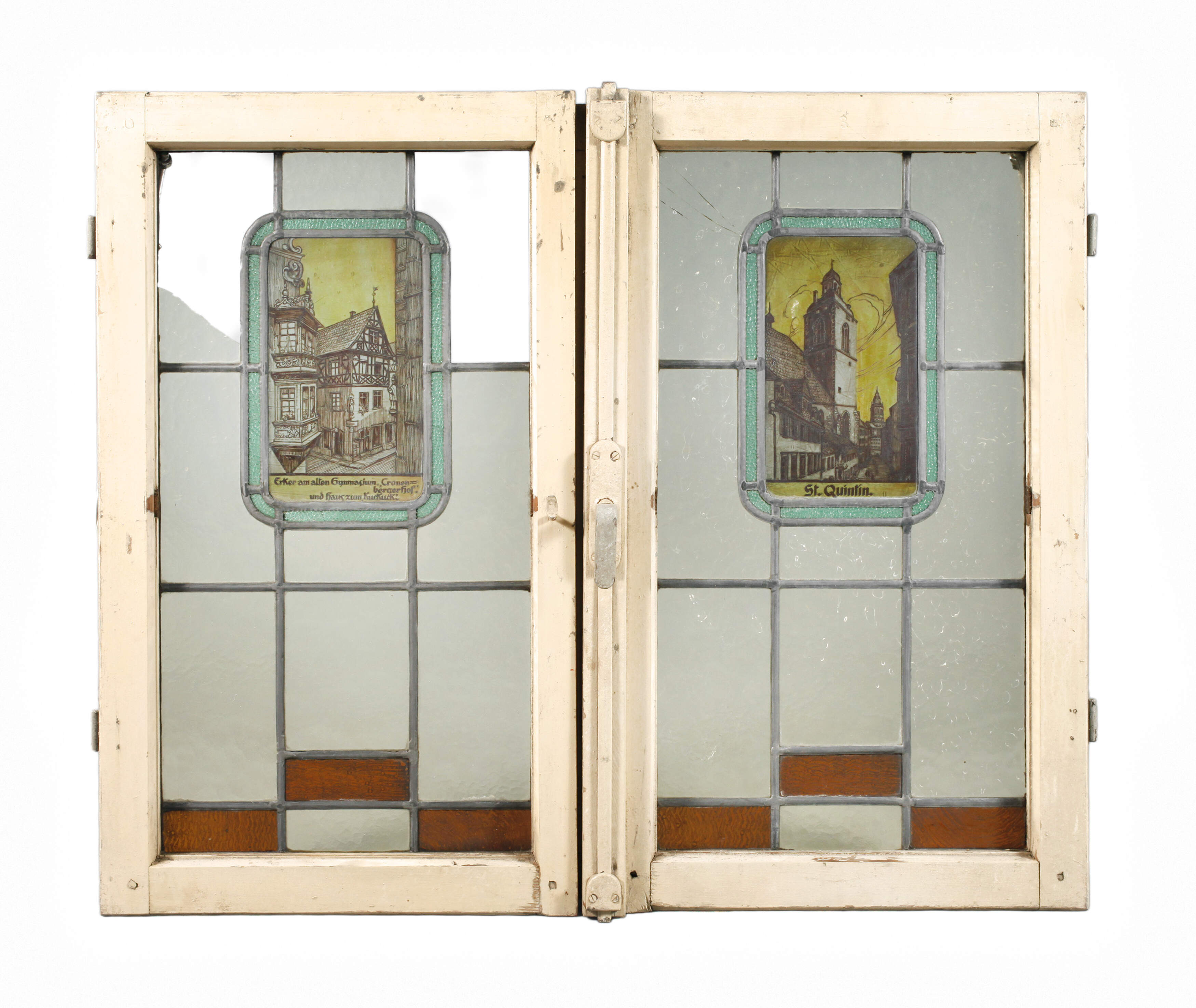Zwei Bleiglasfenster mit Ansicht Mainz