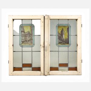 Zwei Bleiglasfenster mit Ansicht Mainz