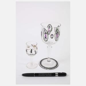 Steinschönau Weinglas und sechs Likörgläser