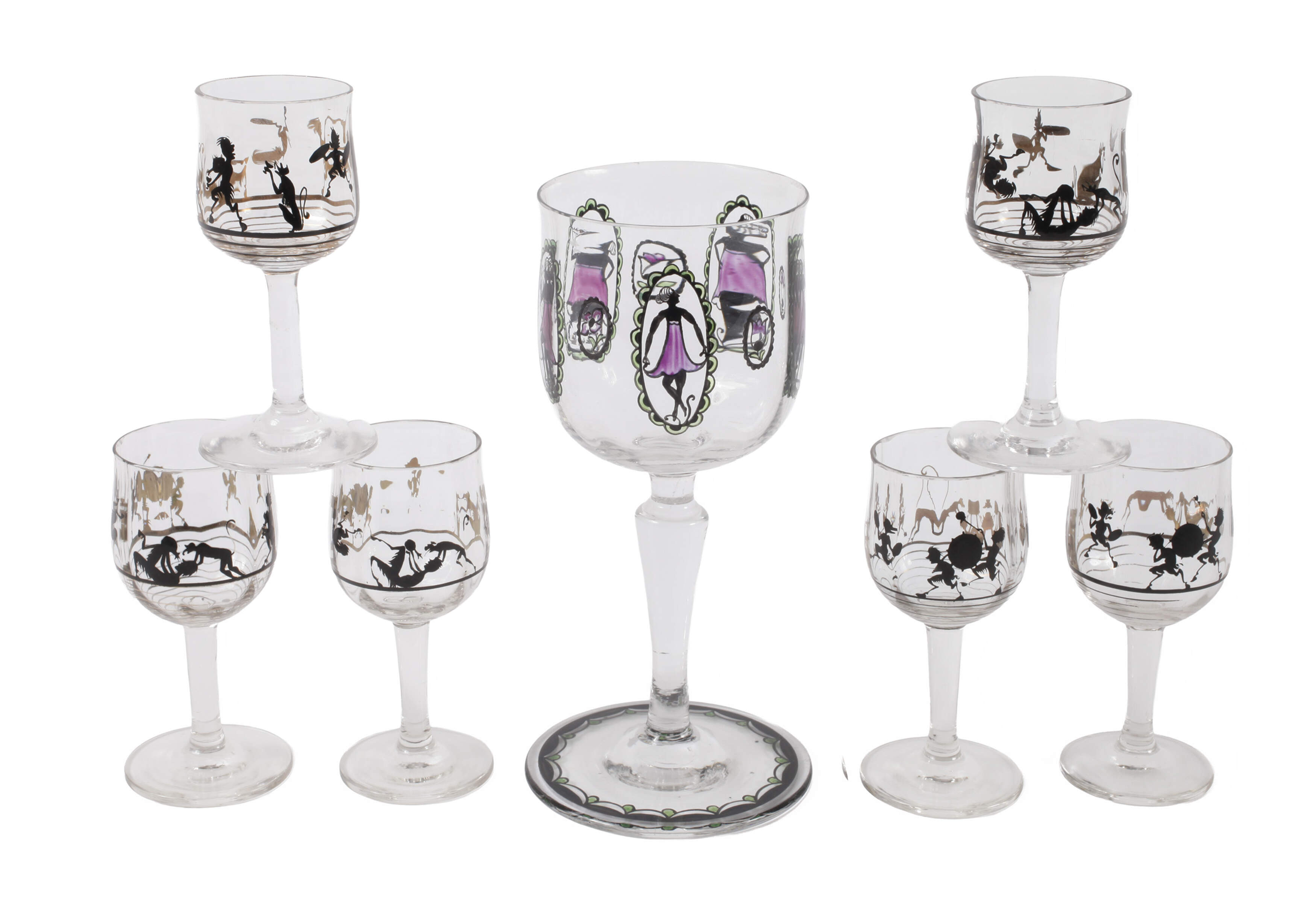 Steinschönau Weinglas und sechs Likörgläser